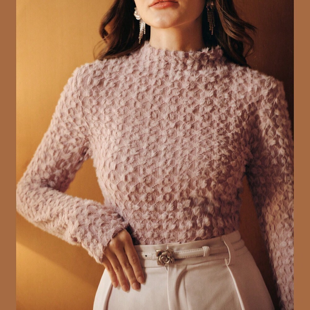 Mauve Blush Pink Textured Fuzzy Knit High Neck Long Sleeve Slim Fit Top Tee